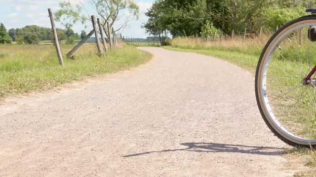 Summer landscape with empty rural road and parked bicycle