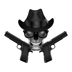 Skull in a hat, sunglasses and pistols. Isolated object in black and white, can be used with any image or text.