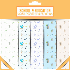 Vector package of seamless patterns set of items for education.