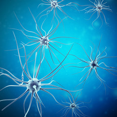 Neurons transmission signals in the head on blue background. Synapse, 3d rendering © rost9