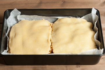 Cooking Process Of Homebaked Pie With Apple And Chocolate Parts.