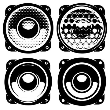 set of templates for posters or badges with monochrome acoustic speakers