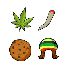Rasta icons set. Green leaf of marijuana and cookie. Rastafarian