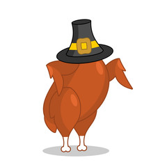 Roasted turkey and pilgrim hat. Traditional festive fowl. Symbol