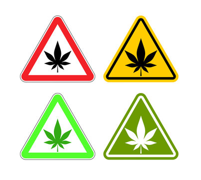 Warning sign attention drugs. Dangers of marijuana and yellow si
