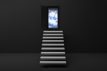 3D Rendering : illustration of stair or steps up to the sky in a door against black wall and floor,Opened door to blue sky and stair in black room with shadow.business success concept