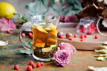 tea cup transparent glass flowers rowan leaf