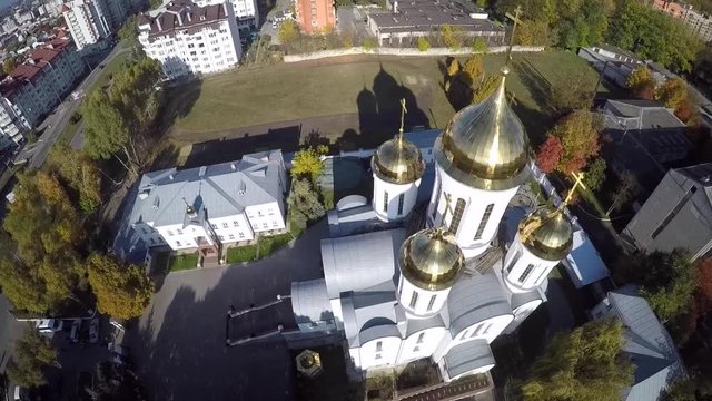 Aerial view of church in Ternopil, Ukraine
