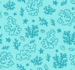 Fototapeta na wymiar Bright underwater seamless pattern with beautiful corals. Vector blue backdrop. Use for wallpaper,pattern fills, web page background, сhildren's fabrics.