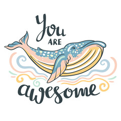 Obraz premium Cute whale. Awesome whale on marine background with waves in vector. Lovely childish print in stylish colors with phrase 