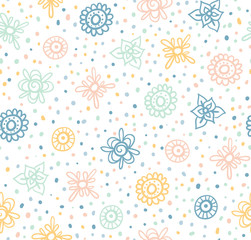 Obraz premium Vector seamless cute beautiful minimalistic graphical flower pattern. Indian paisley motifs, gentle romantic background, floral print, regular, geometric, dots.