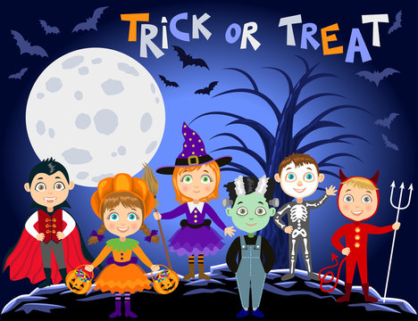 Children in halloween costumes. Vampire Dracula, devil, witch