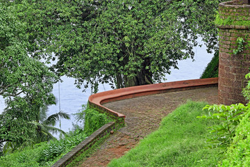 Stone paved entrance path to Portuguese era Reis Magos Fort in Goa, India