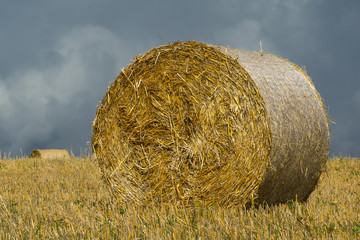 Roll of straw against rainy clouds