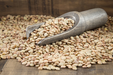 Grains of lentils in wooden spoon