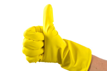 yellow glove for cleaning on womans arm show thumbs up