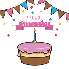 happy birthday cake sweet dessert with candles and decorations. vector illustration
