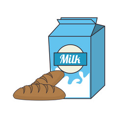 milk box beverage with bread bakery food product . vector illustration