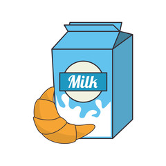 milk box beverage with croissant bread bakery food product . vector illustration