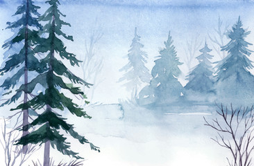 Zimowy krajobraz. Ilustracja krajobraz akwarela Boże Narodzenie b - 122794152