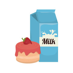 milk box beverage with piece of cake sweet dessert. vector illustration