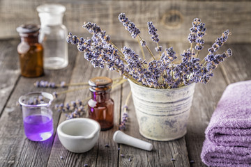 Homemade сosmetics with lavender flowers.