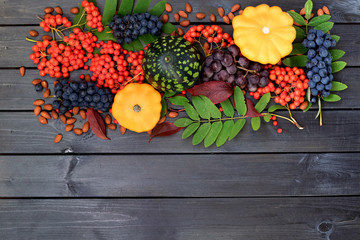 Harvest or Thanksgiving background with autumnal fruits and vegetables on black wooden table. Top view. Free place for text.