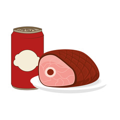 dish with piece of ham and soda can beverage. vector illustration