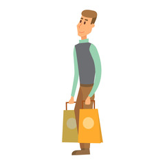 Cartoon vector man and shopping. Marketing people or shopper illustration