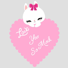Cute little bunny with pink heart. I love you. Happy Valentine's Day. Greeting card.