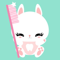 Cute little bunny with a toothbrush. Teeth cleaning. Children's character. Poster.