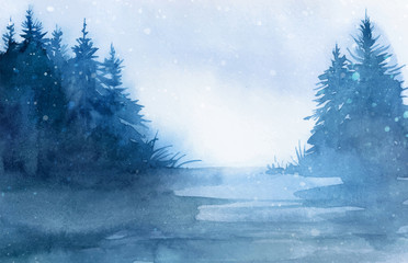Winter landscape. Watercolor landscape illustration. Christmas b - 122795965