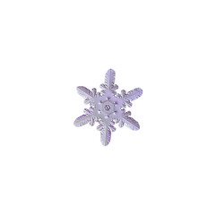 Snowflake isolated on white background: macro photo of real snow crystal. This is small snowflake with rare and unusual pattern of heart-shape elements, connected to corners of central hexagon.