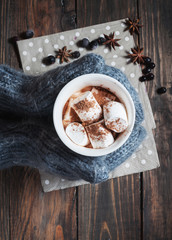 Hands in knitted mittens holding hot chocolate with marshmallow