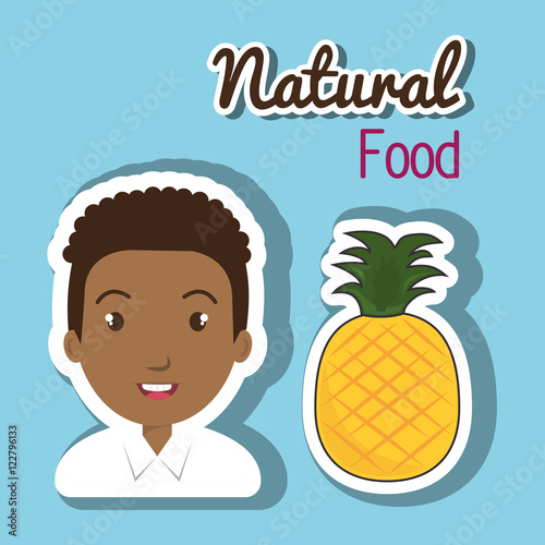 "avatar boy smiling with pineapple fruit natural food. colorful design