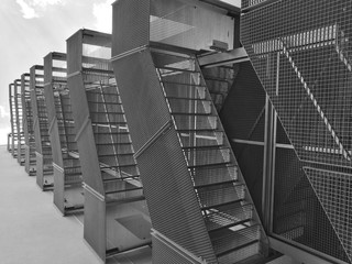 Low angle view on steel stairs in black and white