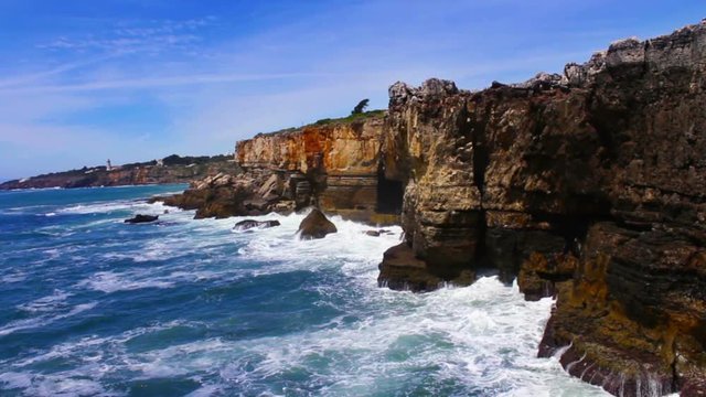 Cliff Waves, Cascais, Lisbon, Portugal, Real Time, 4k
