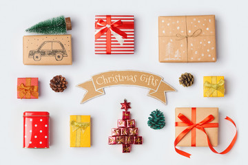 Christmas gift boxes collection for mock up template design. View from above. Flat lay