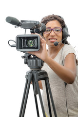 young African American women with professional video camera