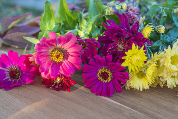 Autumn flowers: yellow chrisantis, purple zinnias on a wooden background focus on the foreground
