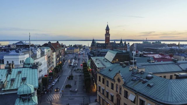 4K Timelapse video, aerial view of the beautiful city - Helsingborg, Sweden from sunset to night
