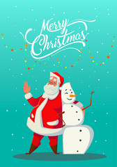 Santa Claus with Snowman. Merry Christmas and Happy New Year