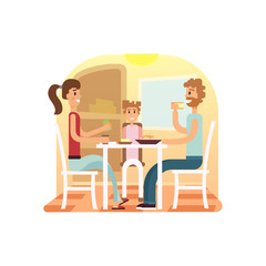 Family holiday cartoon concepts. Family dinner set. Mom, dad, daughter at dinner. Vector flat illustration.