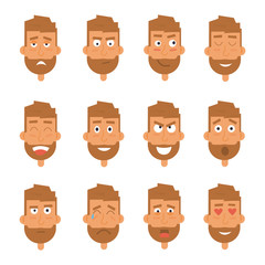 Businessman generation of various expressions. Emotions faces vector characters. Young man  - joy, sadness, hurt, shock, , inspiration. Bearded  face avatar