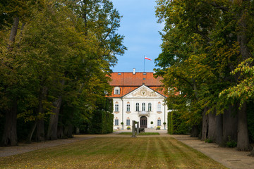 Fototapeta na wymiar Back view of Radziwill family palace of Nieborow, in baroque style, surrounded by a french garden.
