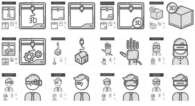 Virtual reality and 3D technology line icon set.