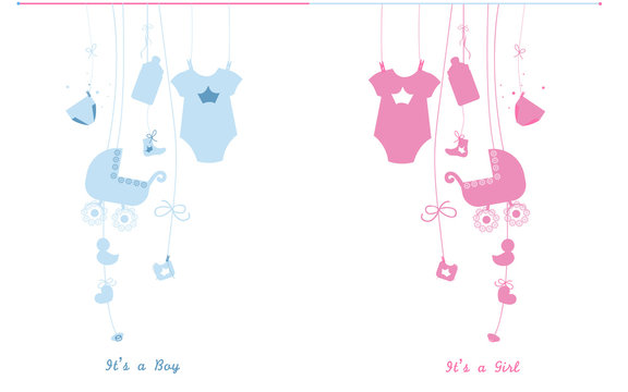 Baby newborn hanging baby boy baby girl symbols illustration. Its a boy. Its a girl.