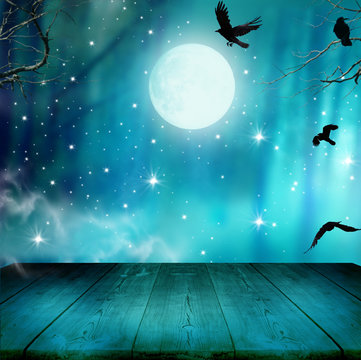 Halloween background .Night forest with full moon and wooden table