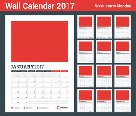 Wall Calendar Planner Template for 2017 Year. Set of 12 Months. Vector Design Template with Place for Photo. Week starts Monday. Portrait Orientation