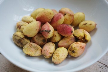 Freshly picked pistachio nuts in their outer shell